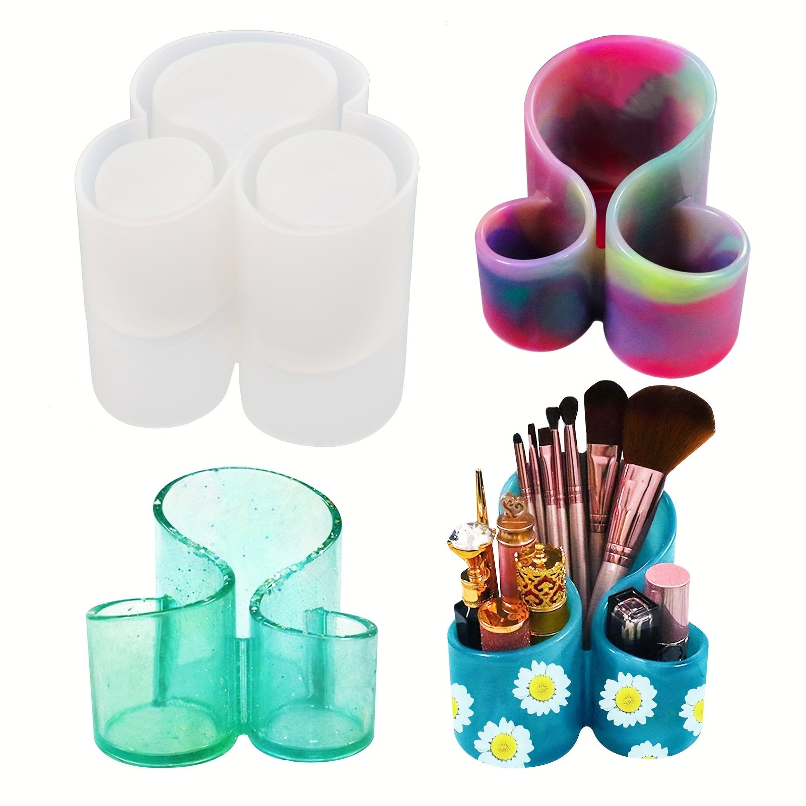 TEMU 3-slot Silicone Molds For Epoxy Resin Casting - Makeup Brush Organizer, Pen Holder & Flower Planter Pot, Reusable Resin Craft Molds With Easy