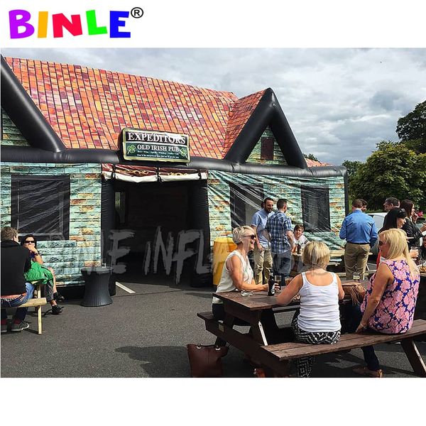 12m Lx6mWx5mH vintage Inflatable Irish Pub Tent with complete printing Large Bar blow up wine house for outdoor party or event