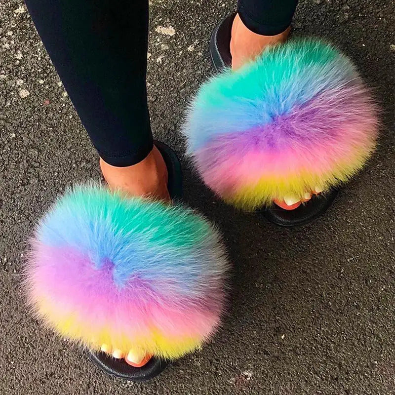 Ethel Anderson Real Fox Raccoon Fur Slider Womens Summer Flip Casual Cute Fur Sandals Plush Shoes Recommended 240827