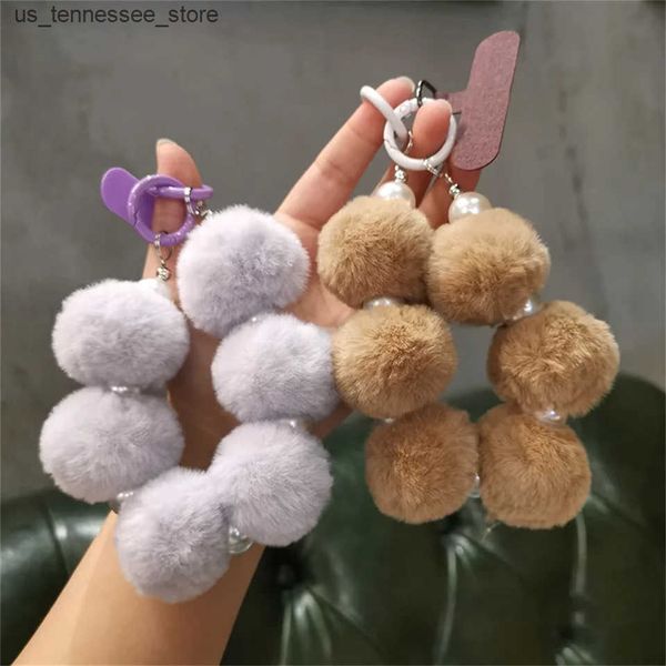 Cell Phone Straps Charms Cute Coloful Plush Fur Pearl Rope Phone Chain Lanyard Charm Strap Wrist Beaded Hanging Cord Bracelet Keychain Winte