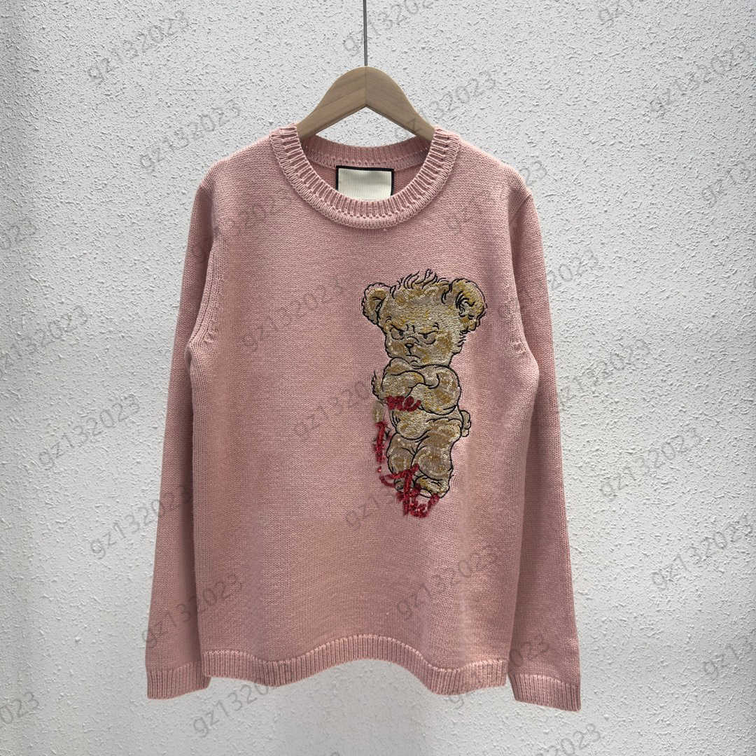 Womens Sweater Front Bear Glitter Embroidery Thread Round Collar Pullover Knit Sweaters Natural Color Standard Long Sleeve Warm Knitwear Women Cloth