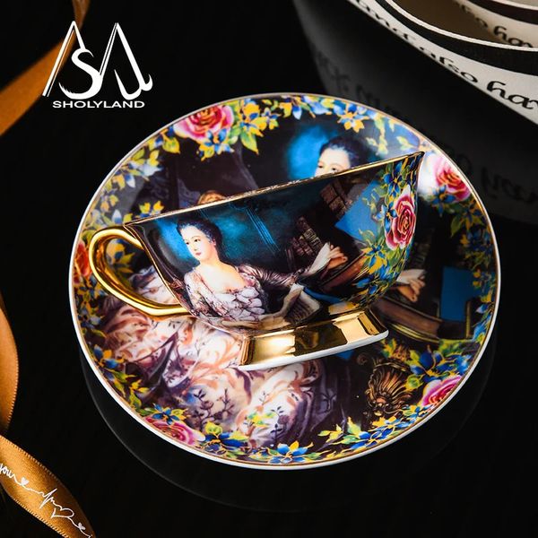 Home Ceramic Cup Saucer Retro European High Appearance Level Afternoon Teacup Bone China Coffee Tracing Gold Exquisite 240729