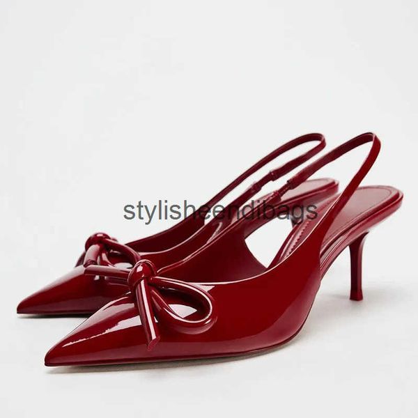 Dress Shoes TRAF Red Bow Stiletto Strap Pump Womens Nodding Patent Leather High Boots Summer Thin Middle New Sandals H241130