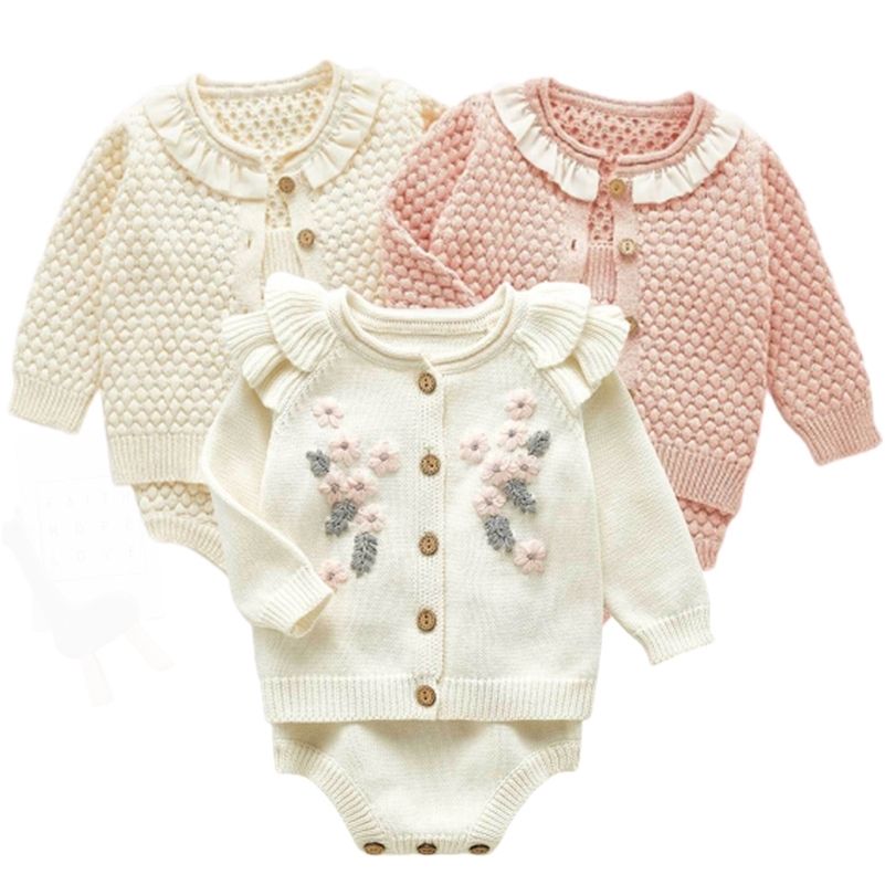 K545 Children Clohting Autumn Embroidery Flowers Set Fashion Baby Girls Clothes Long Sleeve Knit Cardigan+Romper Sets