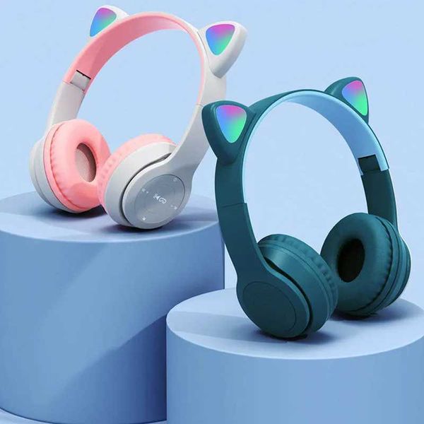 Headset Cute Cat Ear Cpatible set with LED Wireless set Children Girls Stereo Folding Sports set with Microphone Z241105