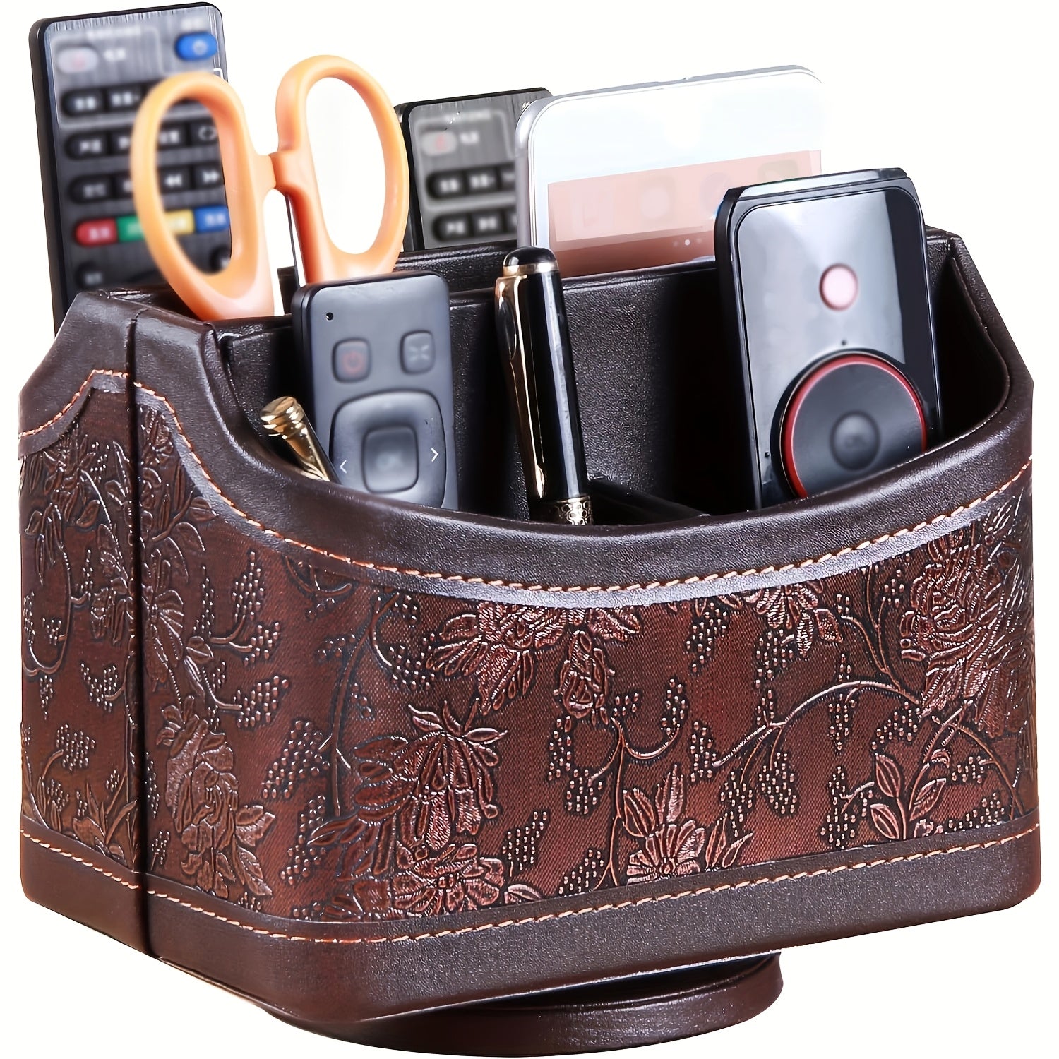 TEMU Remote Control Holder With 5 Compartments, Pu Leather Multifunctional Desktop Organization Storage Box-remotes Caddy-makeup Organizer Basket For