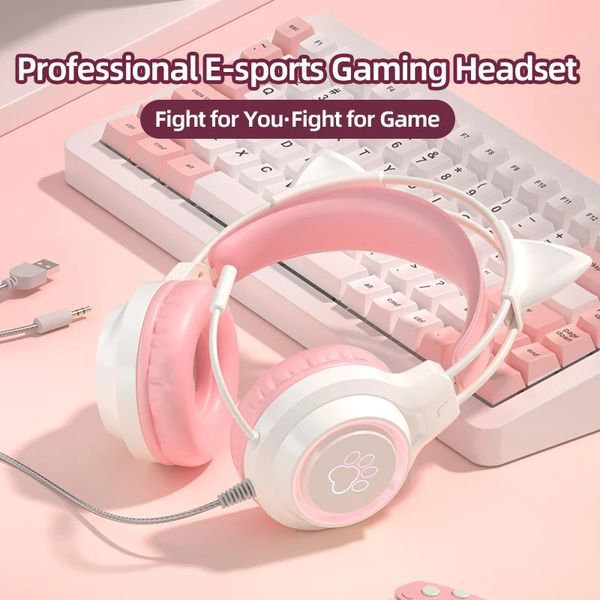 Professional LED cat ear wired gaming headset with microphone suitable for PS4 PS5 Xbox PC gaming headset with mute button 241125