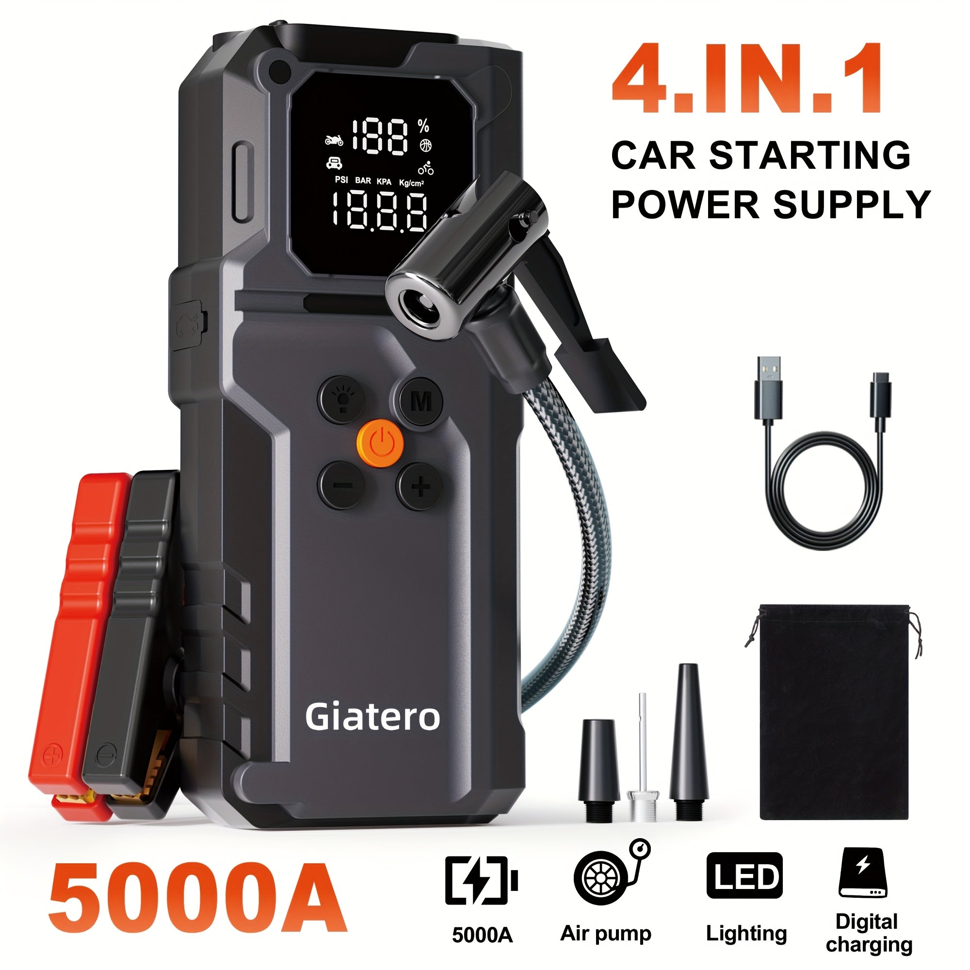 TEMU Q27 Car Jump Starter With Air Compressor, 5000a 160 Psi Portable Emergency Battery Pack For Gasoline- Vehicles, 10.0l-8.0l Capacity, Qc 3.0 Fast