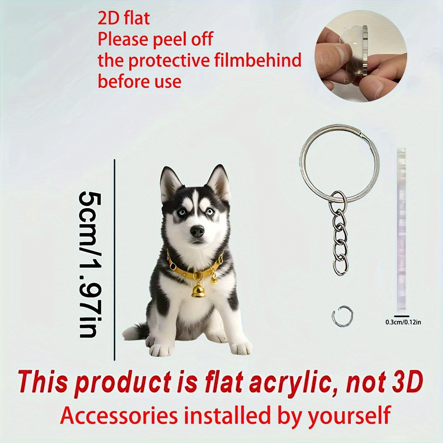 TEMU 2d Flat, 2d Flat Husky Keychain - Stylish Acrylic Charm With Golden Bell, Ideal For Backpacks, Cars, And Wallets - Perfect Gift For And Home