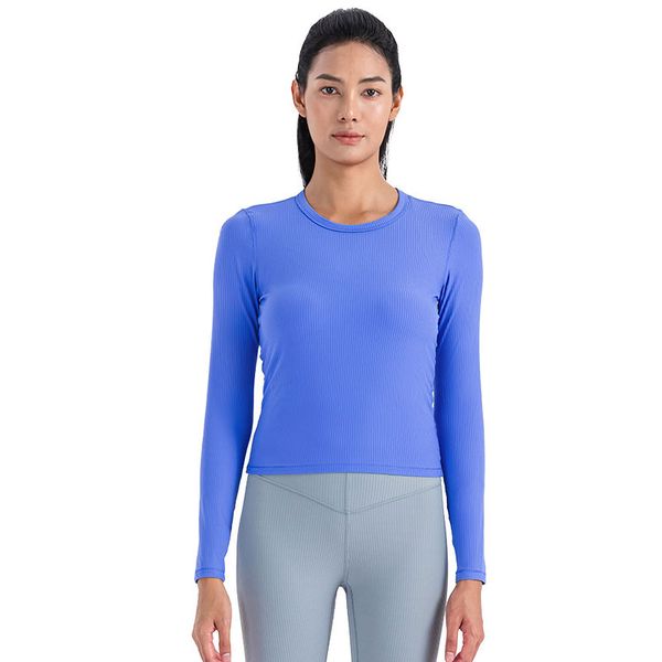 018_Long Sleeve Shirt Slim Fit Yoga tops Pleated Cinched Waist Sweatshirt Stretchy Ribbed Women Shirts
