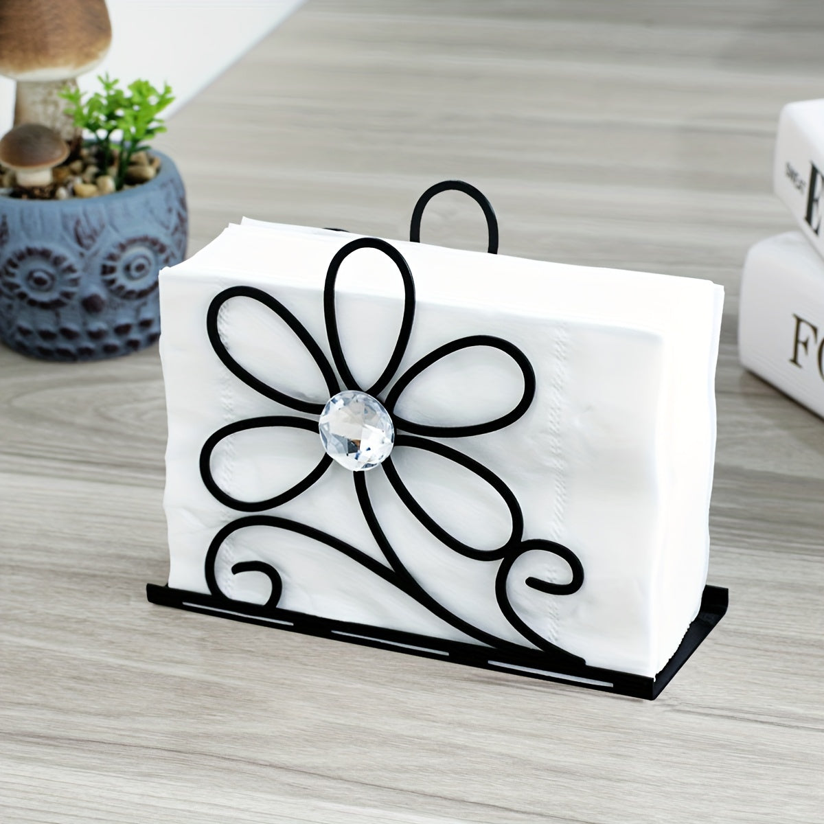 TEMU 1pc Elegant Cast Iron Napkin Holder With Decorative - Modern Minimalist Tabletop Tissue Stand For Restaurants, Hotels, Cafes - Black Metal