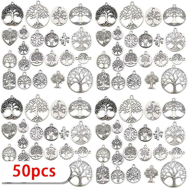 TEMU 50-100pcs Antique Silvery Tree Of Life Charms, Alloy Pendants For Making, Plant-themed Crafting Accessories For Necklace And Bracelet Crafting