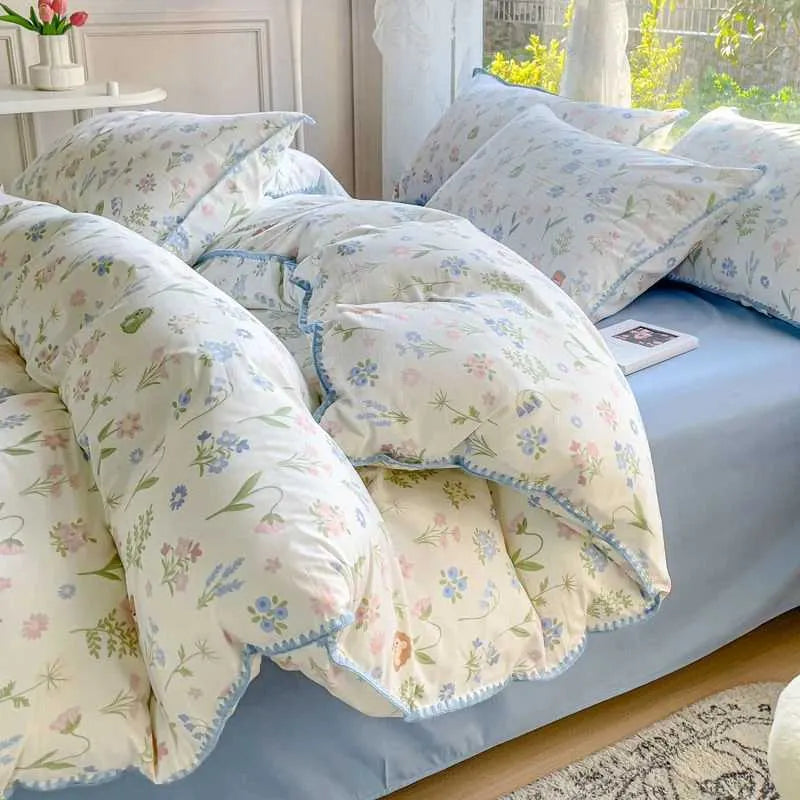 Pastoral Girls Flower Bedding Sets Washed Cotton Bed Linens Soft Quilt Cover Sheet Set Simple Bedspread Home TextilesC250122 X