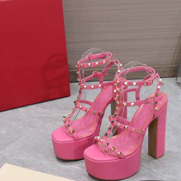 Stud Srivet Platform Pumps Sandals heeled Chunky Block heels Square toe shoes womens luxury designers leather outsole evening Party shoes fa
