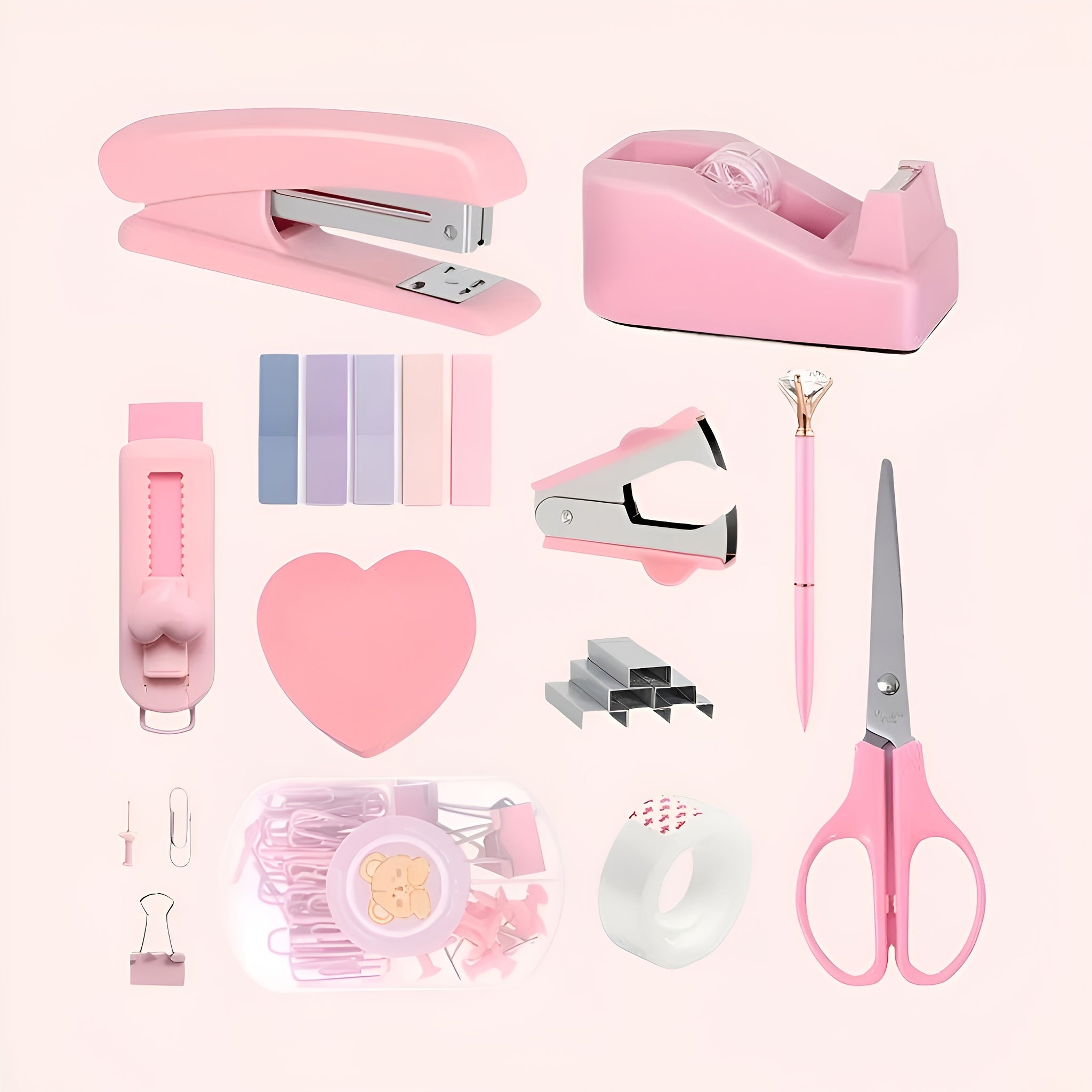 TEMU 11-piece Macaron Stationery Set, School Supplies, Desk Accessories, Pink Office Supplies, Stapler, Tape Dispenser, Scissors, Clips, And 1000 ,