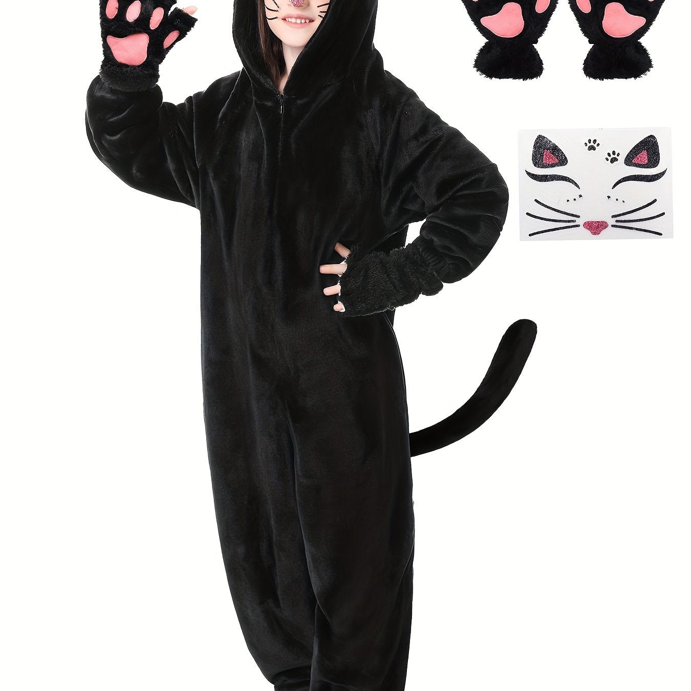 TEMU Girls Black Cat Onesie Pajamas Costume, Soft Plush Warm Sleepwear With Gloves And Cat Stickers, Halloween, Cosplay, Dress Up, Role Play, Costume