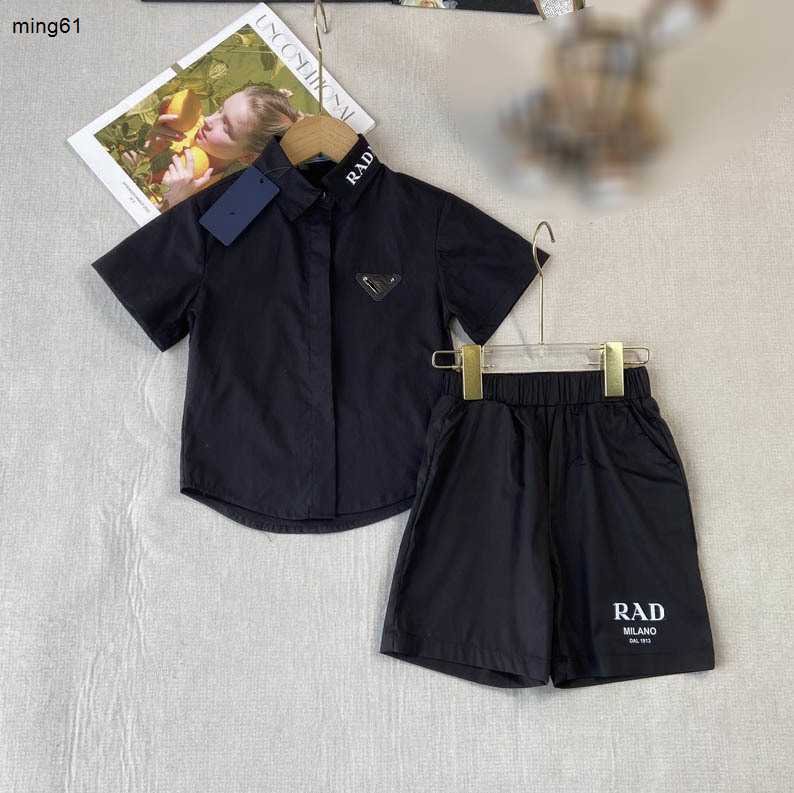 Brand kids designer clothes Summer children&#039;s set baby tracksuits Size 100-160 CM Pure black Lapel collar shirt and shorts 24April