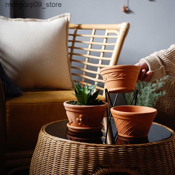 Planters Pots Red pottery flowerpot succulent plant potted flower relief breathable orchid rose Nordic clay pot L240910