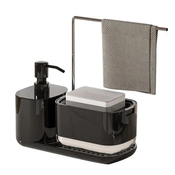 Press Dish Soap Dispenser Set Container with Sponge Holder Countertop Towel Rack Soap Pump Dispenser for Kitchen Sink Drain Tray 250113