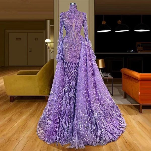 2023 Prom Dresses purple Mermaid long sleeves Sequins feather Party Dresses Ruffles crystal Glitter Celebrity Dress Custom Made Graduation P