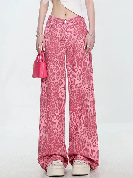 Street Classic High Waist Casual Loose Female Wide Leg Pants Summer Thin Style Fashion Leopard Printed Full Length Women Jeans 250208