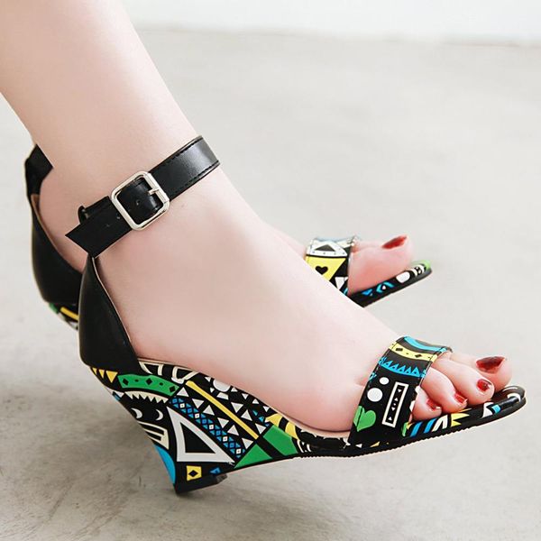 famous designer printing wedges sandals women mixed color bohemian gladiator sandalias mujer big size 43 ankle belt sandale 415