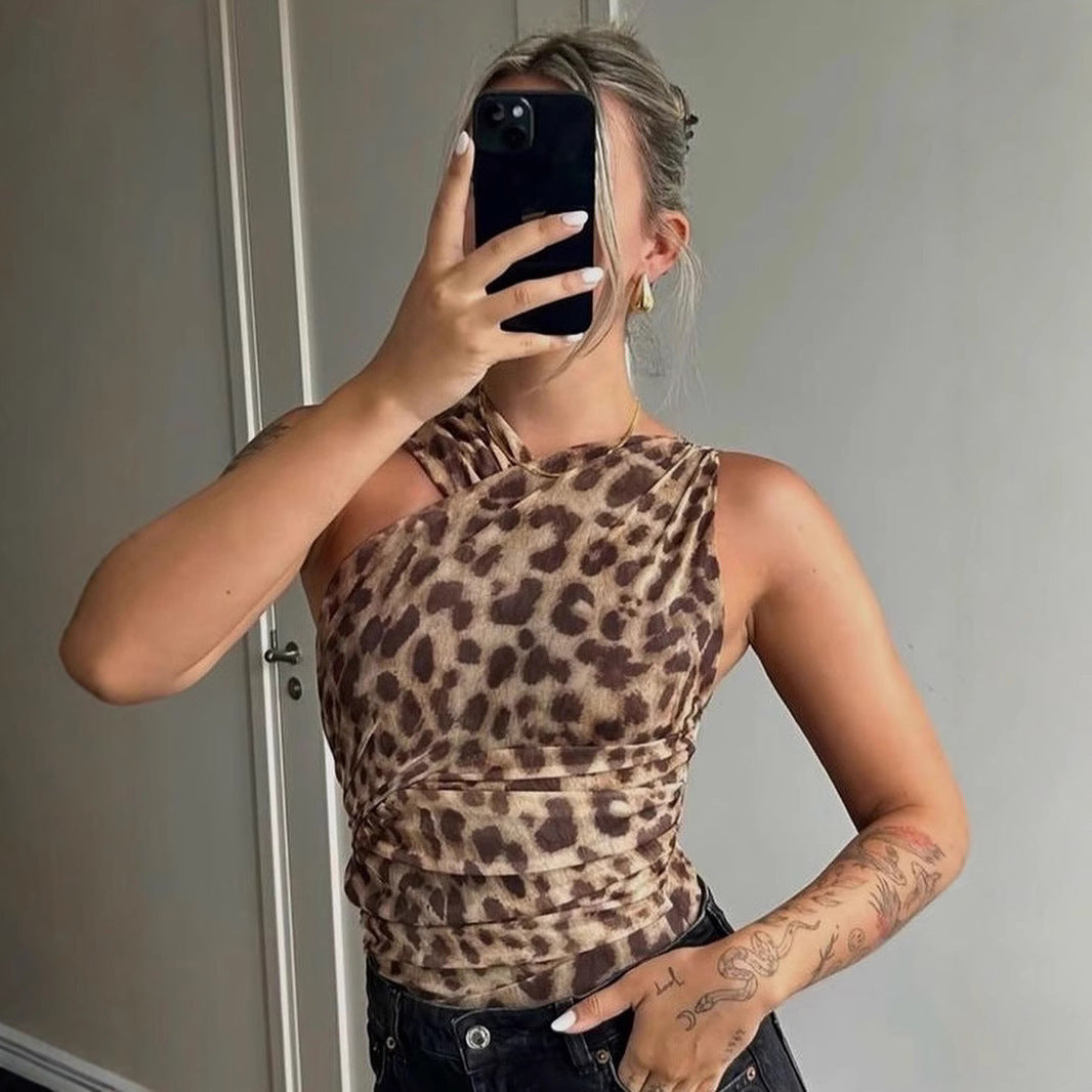 New Womens Fashion Leopard Print Asymmetric Slim Fit Pleated Mesh Jumpsuit Shorts