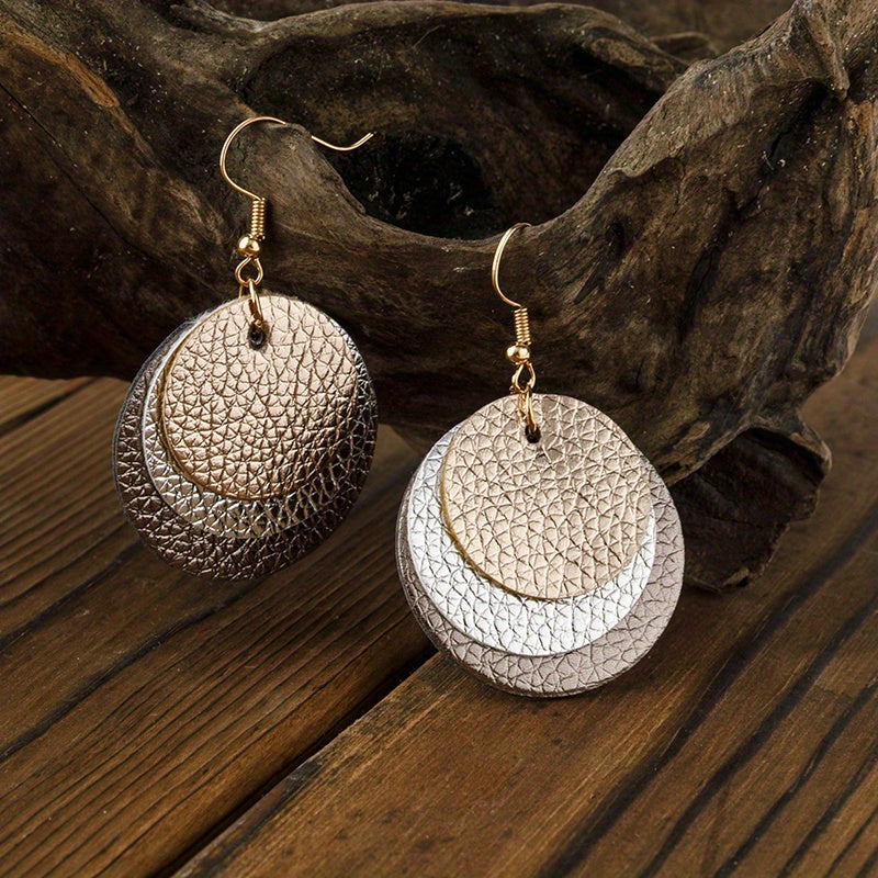 TEMU Vintage-inspired Round Pu Leather Earrings With Metallic Textured Design – Stylish Golden-tone Jewelry For Women, Casual Attire