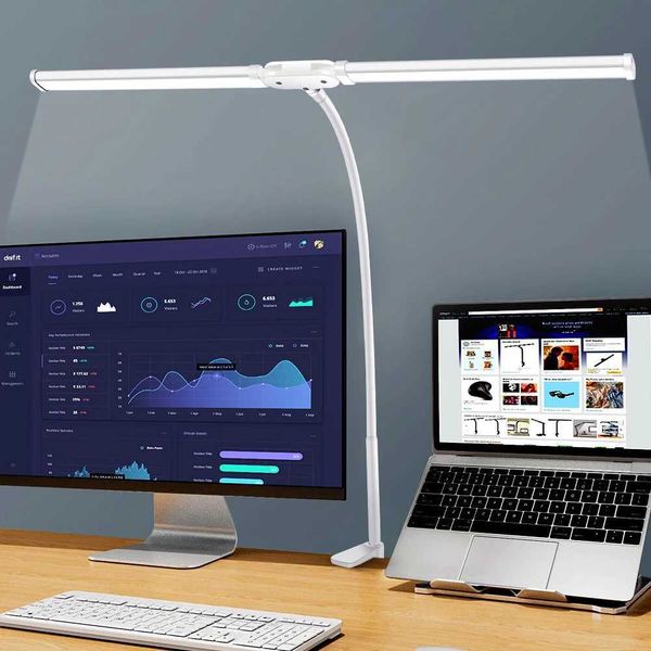 LED Double-Single Head Reading Desk Lamp Foldable Swing Arm Table Lamp with Clip Dimmable Workstation Office PC Eye Protection Y240806