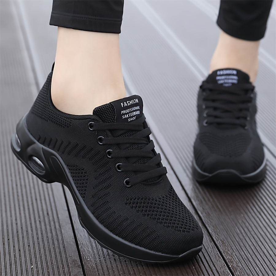 TEMU Women's Breathable Mesh Sneakers With Air Cushion Support - Black & White Casual Running Shoes, Lace- For , Fashionable Sneakers | Laceup