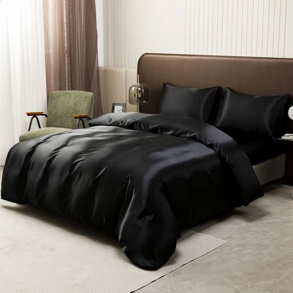 Black ice silk satin down duvet cover set with pillowcase high-end home textiles solid color bedding 240814