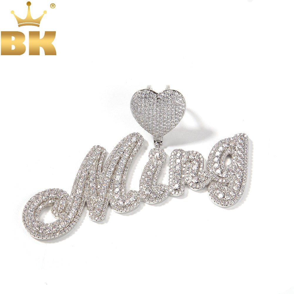 Charms THE BLING KING Heart Bail Custom Brush Script Bubble Letter Two Tone Pendant Micro Paved CZ Personalized Necklace Hiphop Jewelry 230706