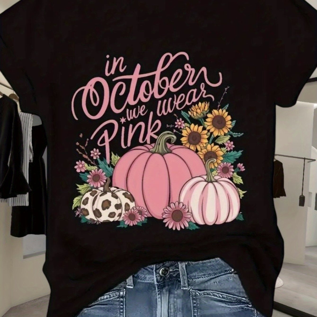 TEMU Women's Breast Awareness October T-shirt - & Design With "in October " Slogan, Casual Round Neck Short Sleeve, Breathable Moisture-wicking Fit,
