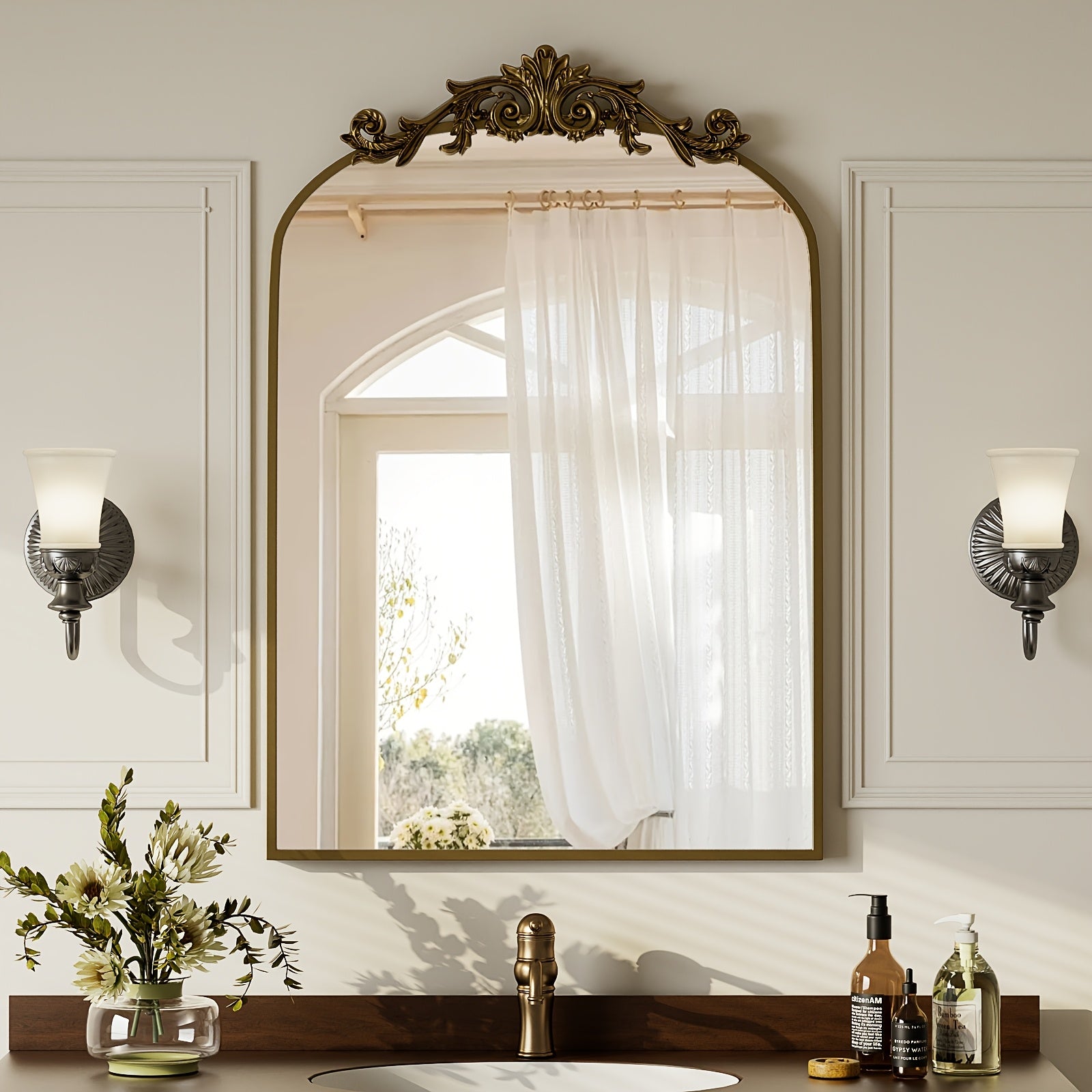 TEMU Vintage Arched Bathroom Shower Mirror, 26x38 Inch Vintage Arched Makeup Mirror, Top Carved Pattern Metal Frame Mirror, Suitable For Bathroom And