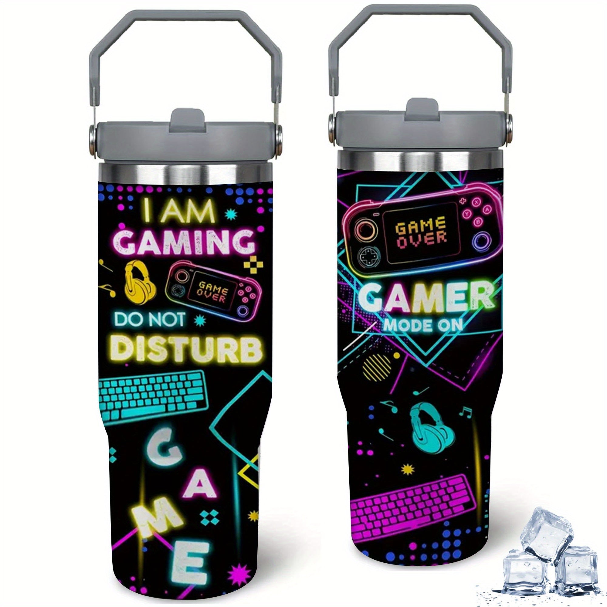 TEMU 30 Oz Insulated Gamer Mug, 304 Stainless Steel Travel Tumbler, Gaming-themed Double Wall Vacuum Cup With Straw And Handle, For Hot And Cold