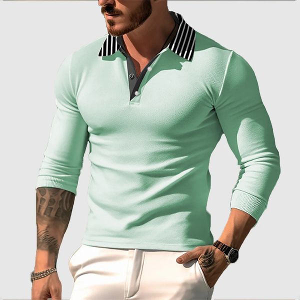 2024 Mens POLO Shirt Business Casual Summer long sleeved Shirts button T-shirt Slim Fit Top Tees Man polo Shirt Lapel Collar 240802
