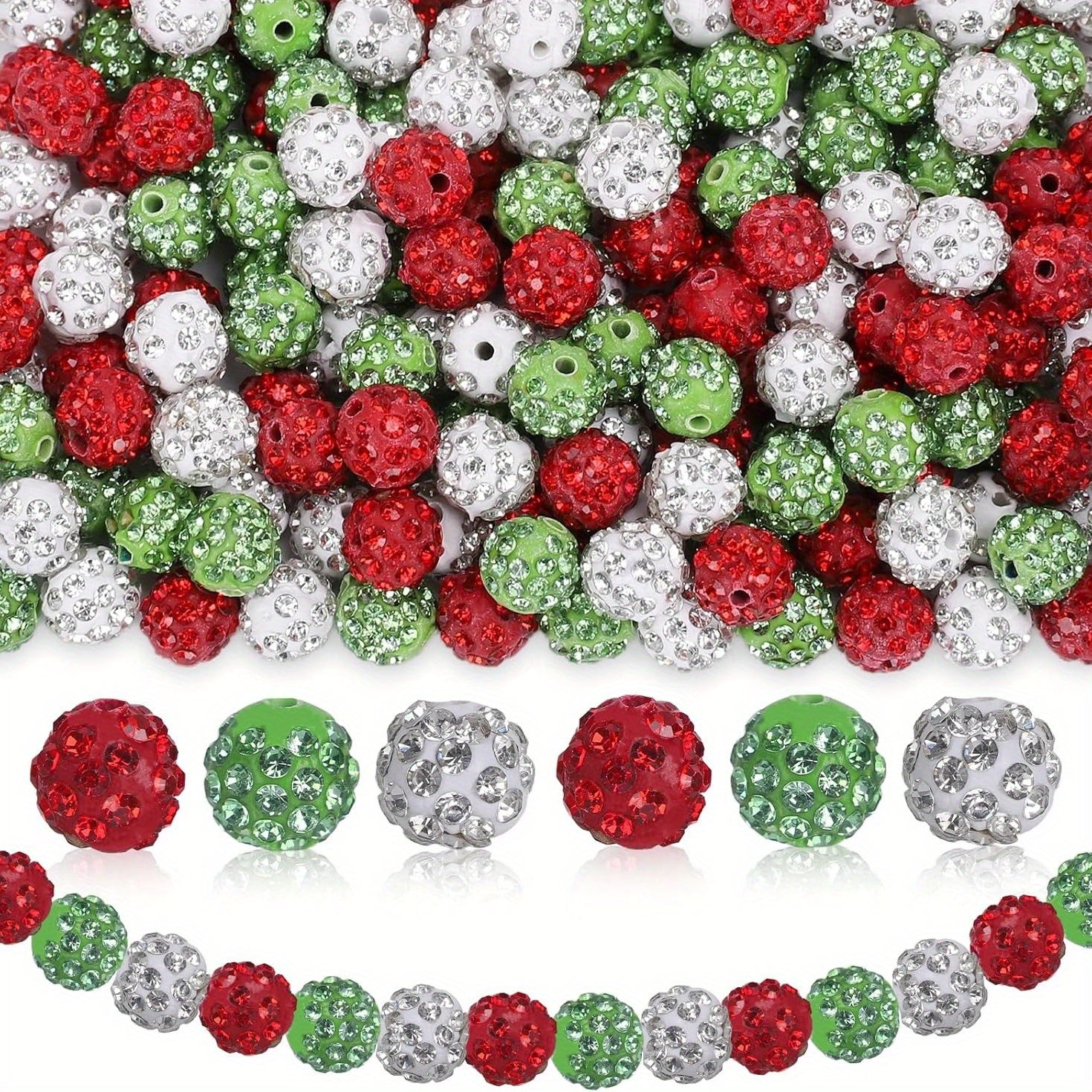 TEMU 50pcs Sparkling Christmas Beads - Glossy Red, Green, White Disco Ball-like Spacer Beads - For Jewelry Making, Keychains, Ornaments - Holiday