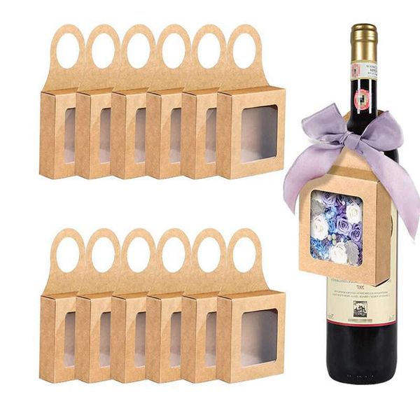 200Pcs-Lot Kraft Paper Wine Bottle Box with Window Wine Hanging Foldable Gift Boxes Wine Boxes for Gifts Candy Chocolate