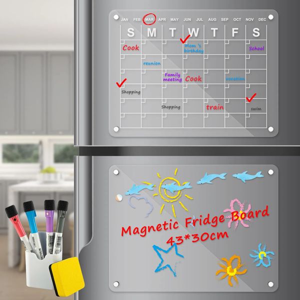 Fridge Magnets Acrylic Refrigerator Magnet Magnetic Fridge Calendar Set with 4 Markers Pen Holder Reusable Clear Fridge Magnet Board Calenda