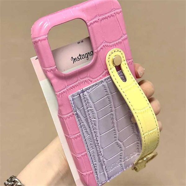Stylish Candy Color Card Holder Pocket Wristband Phone Case For iPhone 15 14 13 12 Pro Max Luxury Leather Shockproof Back Cover Z250122