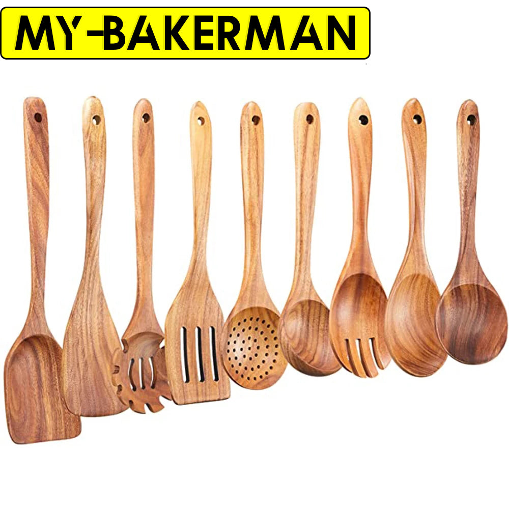 1-9Pcs-set Wooden Kitchen Utensils Set, Wooden Spoons for Cooking, Utensils,Natural Teak Wooden Spoons For Non-stick Pan Gift