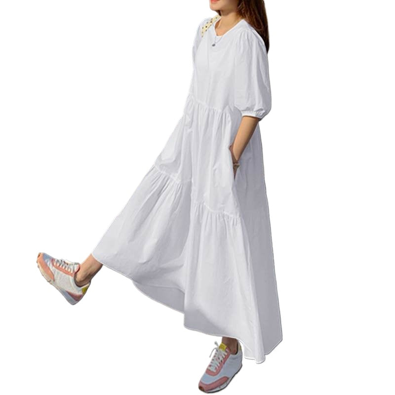 (440) New Fashionable Loose Solid Color Puff Sleeve Swing Long Dress