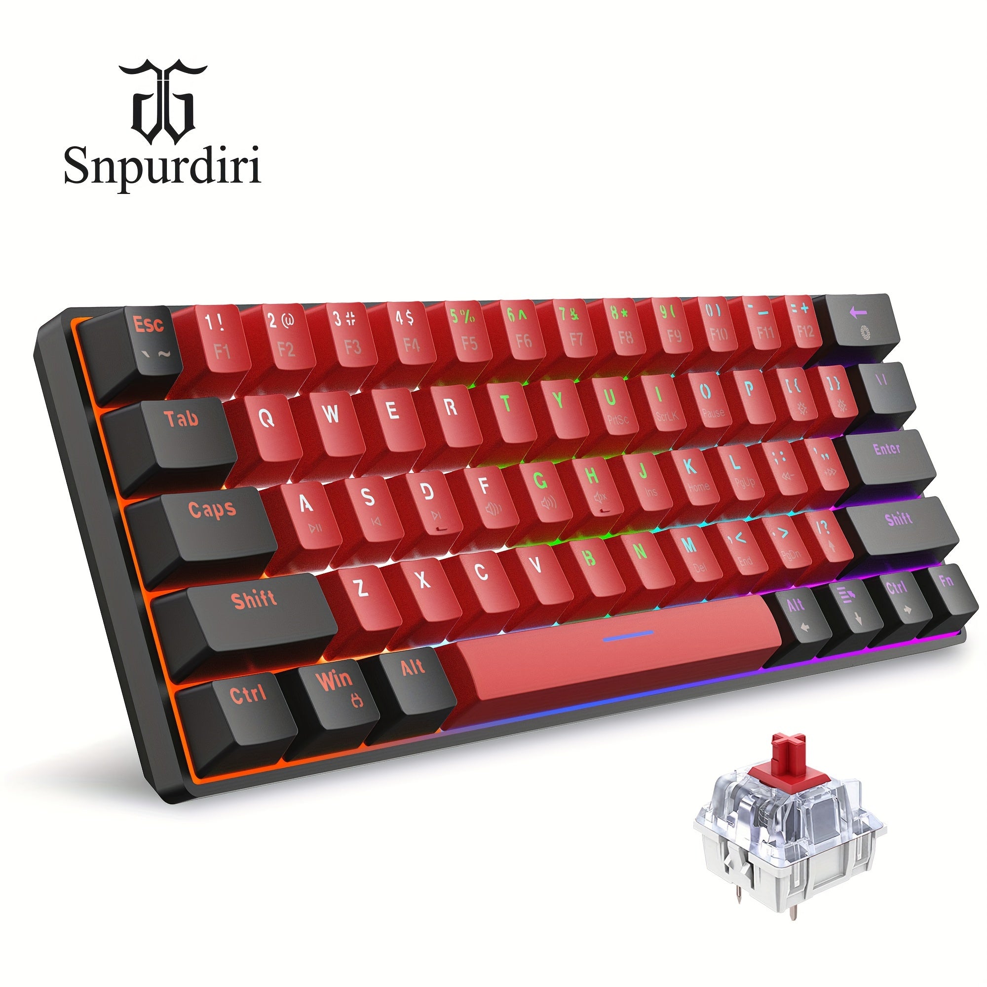 TEMU Snpurdiri 60% Wired Mechanical Gaming Keyboard - 61-key Compact Travel Keyboard With Red Switches, & Thin Film Construction For Pc- Gamers,