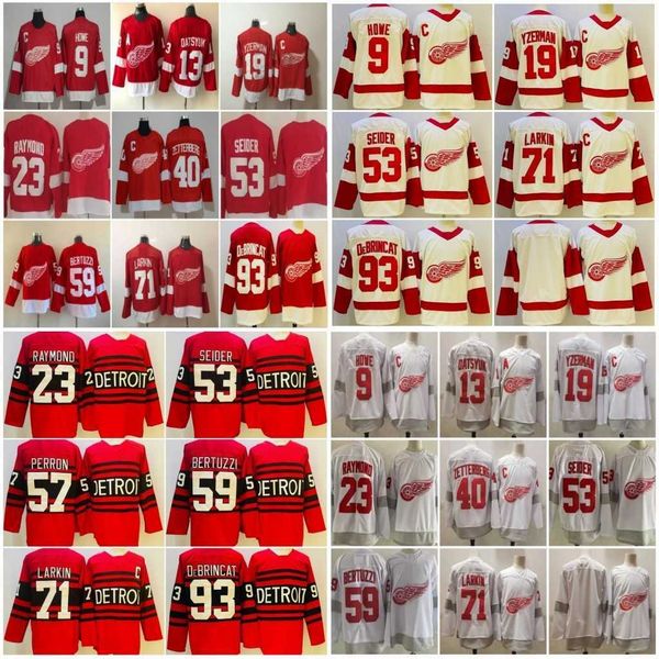 Mens 2022 Reverse Retro Hockey Jerseys 71 Dylan Larkin 23 Lucas Raymond 53 Moritz Seider 57 David Perron Henrik Zetterberg Gordie Howe Steve