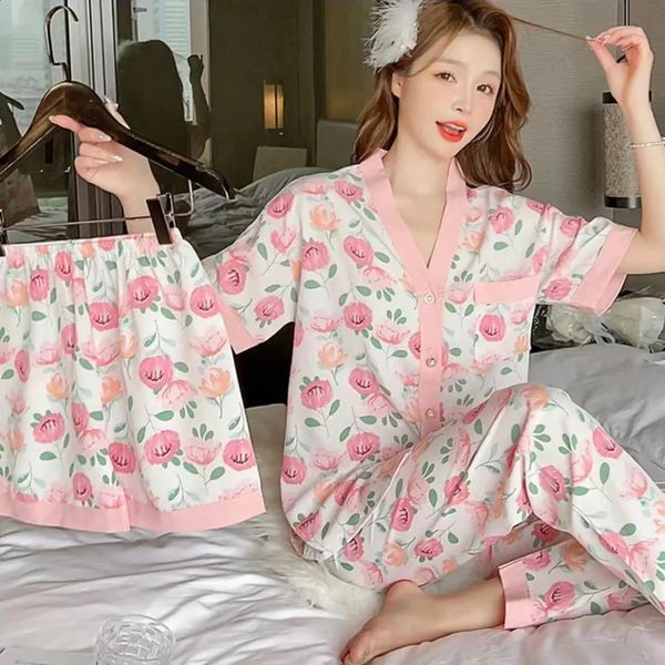 Womens 3piece sleepwear womens casual dress short sleeved long pants loose fitting 240813