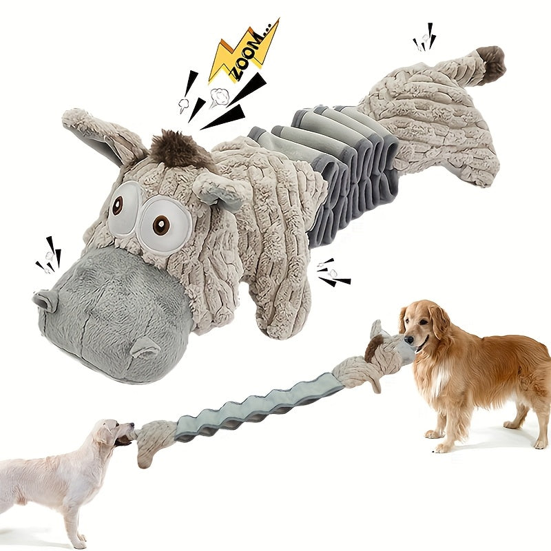 TEMU Durable And Elastic Stretch Donkey Plush Dog Toy - Soft Gray And White Chew Toys Suitable For Small, Medium, And Large Dogs, With Animal Print
