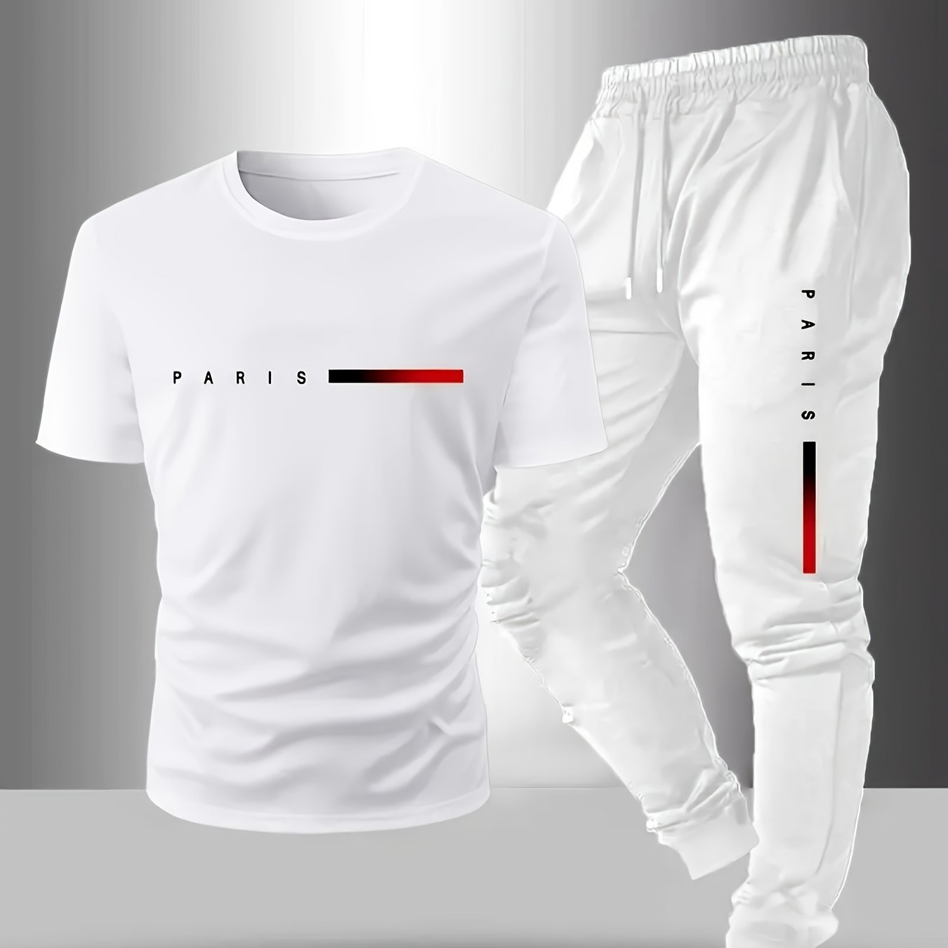 TEMU Men's Short-sleeve T-shirt And Pants Set, Spring And Summer Paris Letter Print Round Neck T-shirt + Drawstring Outdoor Casual Sports Long Pants