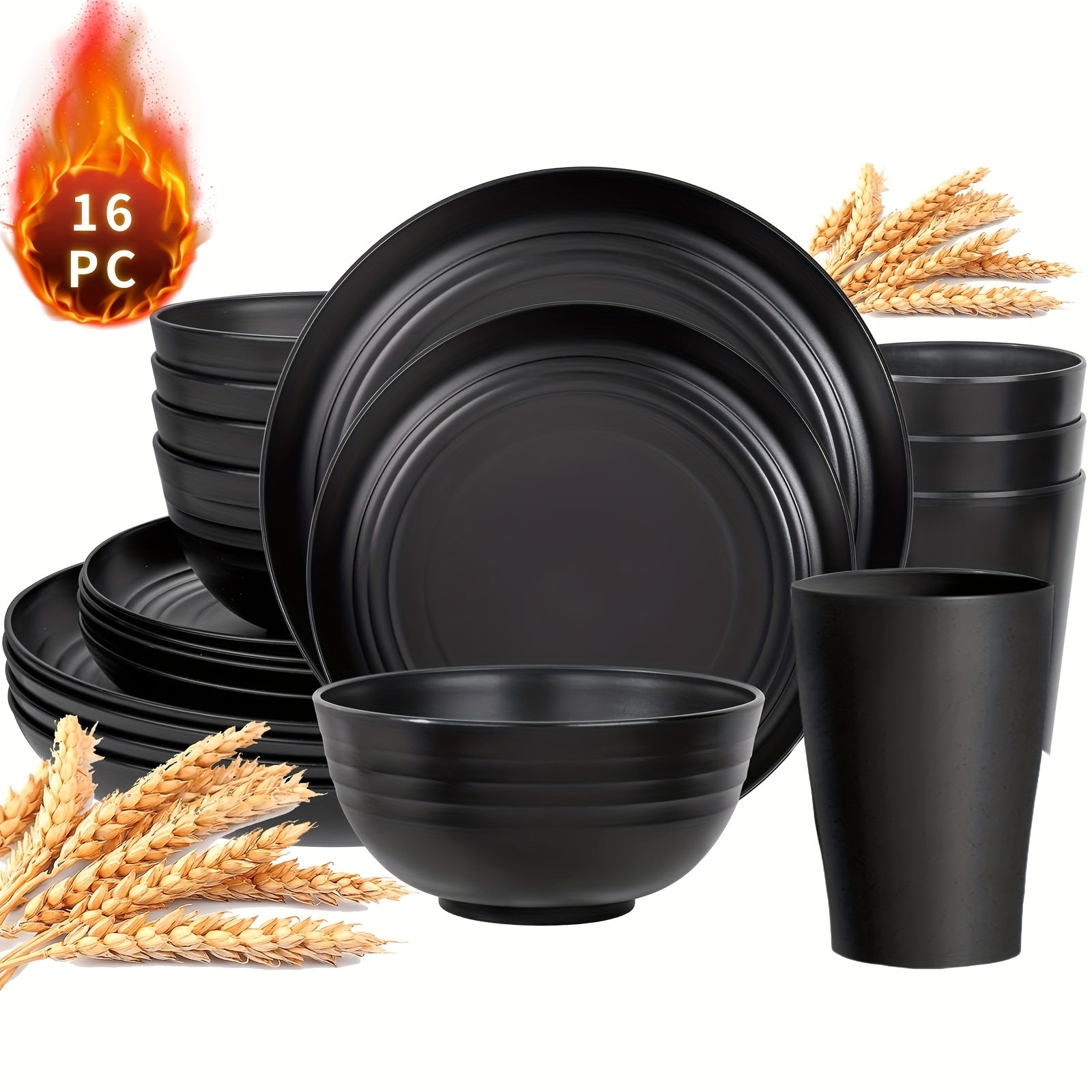 TEMU 32-16pcs Black Wheat Straw Dinnerware Sets, Plates And Bowls Sets For 8, Black Plastic Dinnerware Sets, Microwave Dishwasher Safe Plates, Dishes