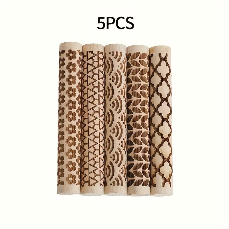 TEMU 5pcs Floral Pressing Rolling Stick Set - Oak - Pattern Rolling Sticks For Baking, Pottery, And Handicrafts - Multi-functional Texture Carving