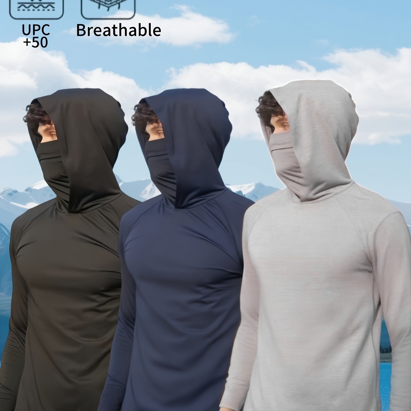 TEMU 3pcs Men's Hooded Sweatshirts With Face Mask - Quick-dry Moisture-wicking Athletic Shirts, Breathable Gym & Outdoor Sportswear, + Sun,